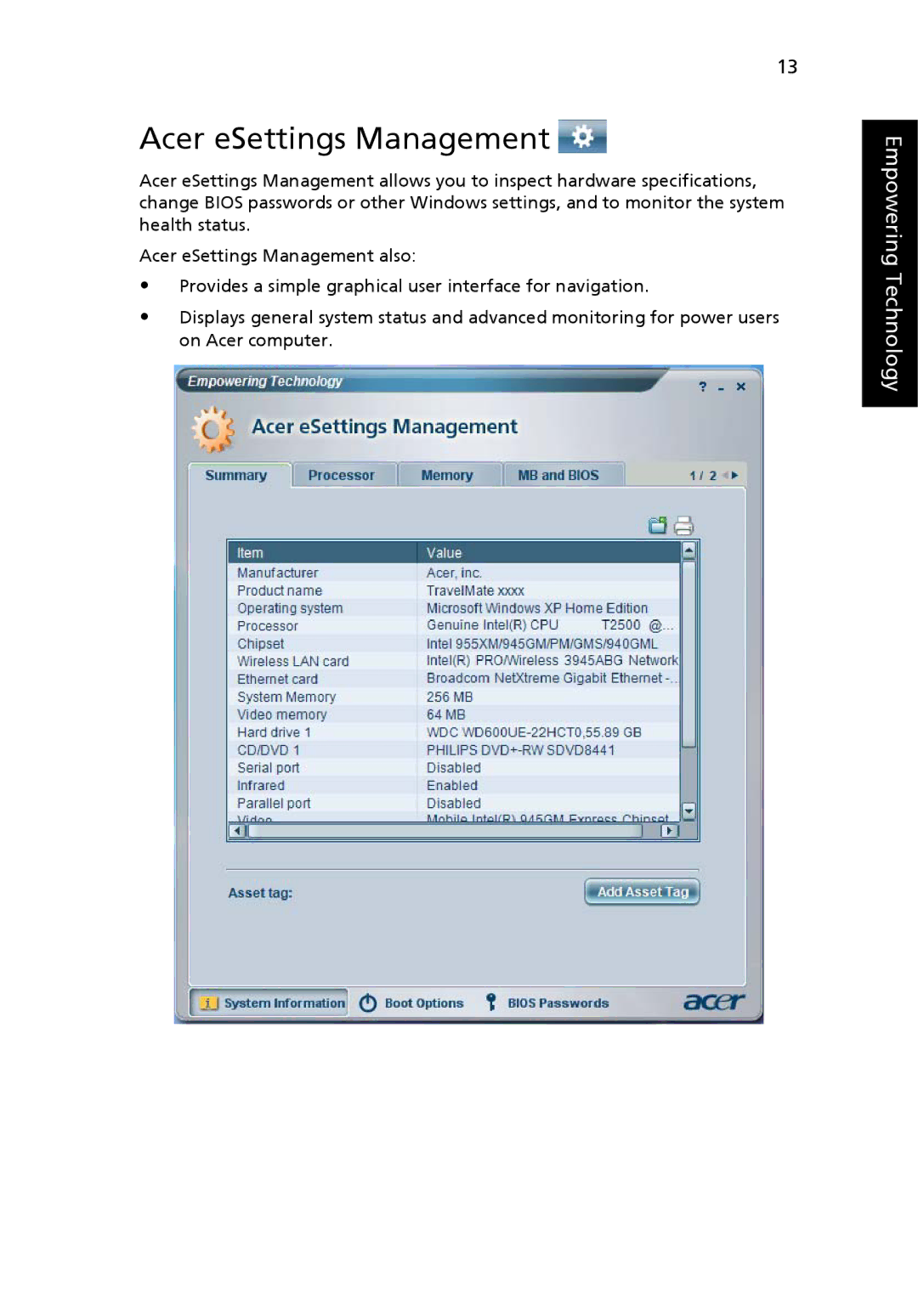 Acer 2470 Series, 3250 Series manual Acer eSettings Management 