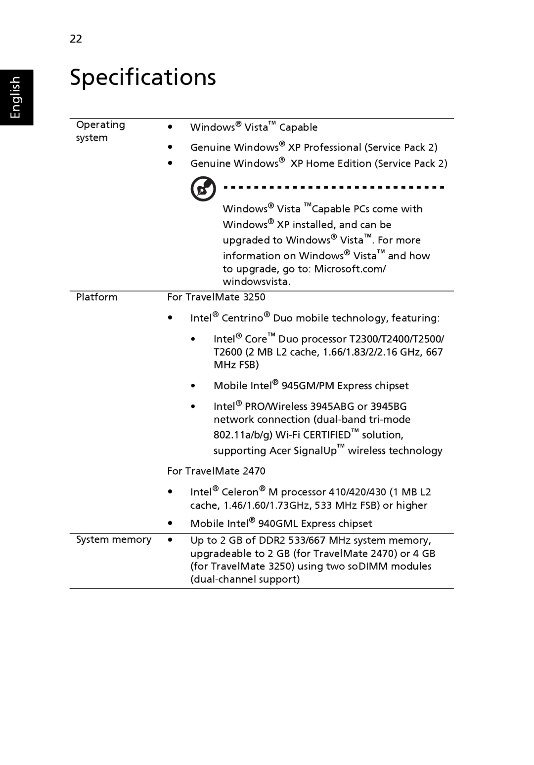 Acer 3250 Series, 2470 Series manual Specifications 