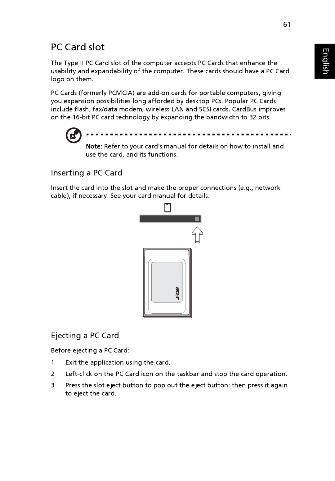 Acer 2470 Series, 3250 Series manual PC Card slot, Inserting a PC Card, Ejecting a PC Card 