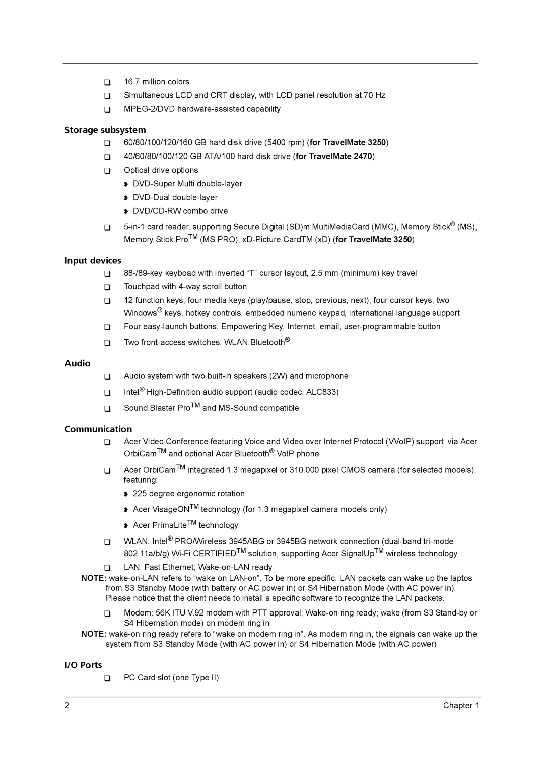 Acer 3250 manual Storage subsystem 