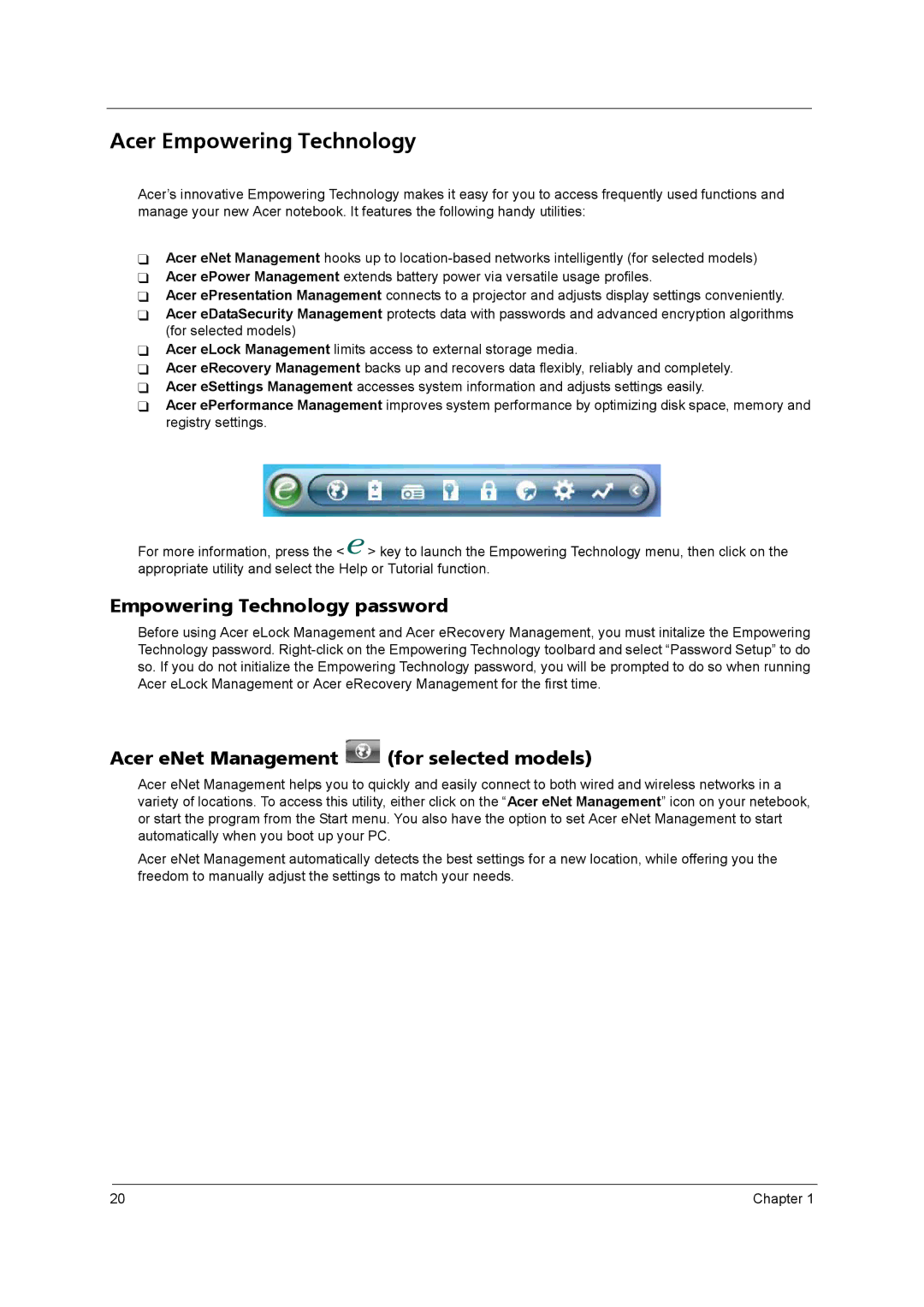 Acer 3250 manual Acer Empowering Technology, Empowering Technology password, Acer eNet Management for selected models 