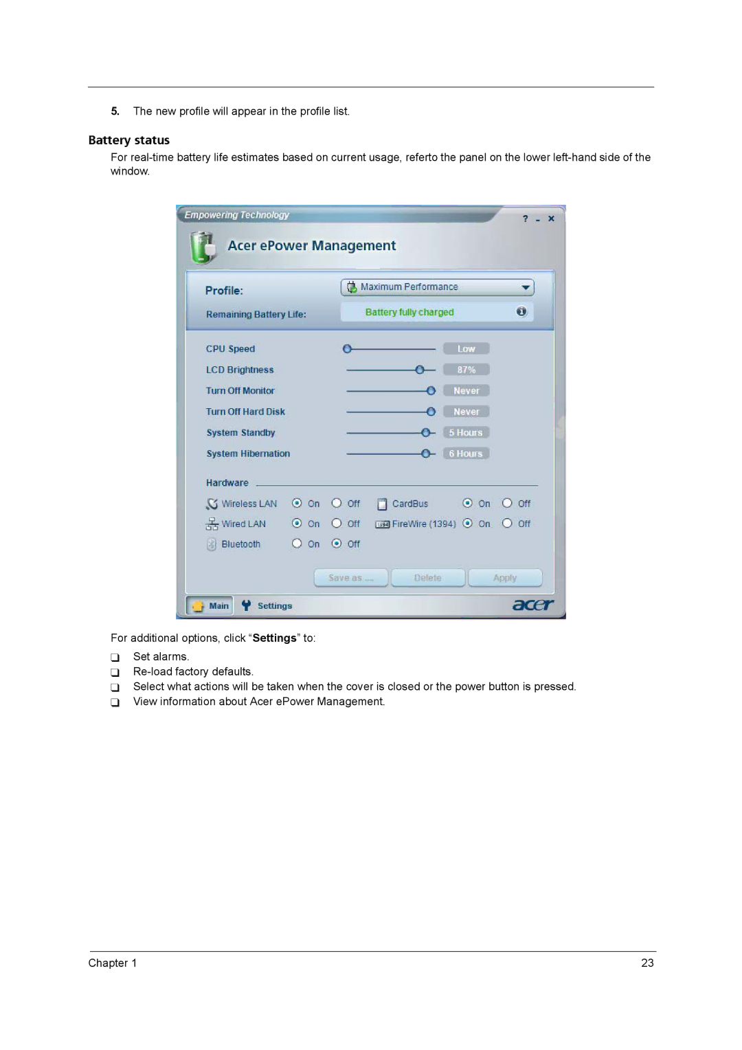 Acer 3250 manual Battery status 