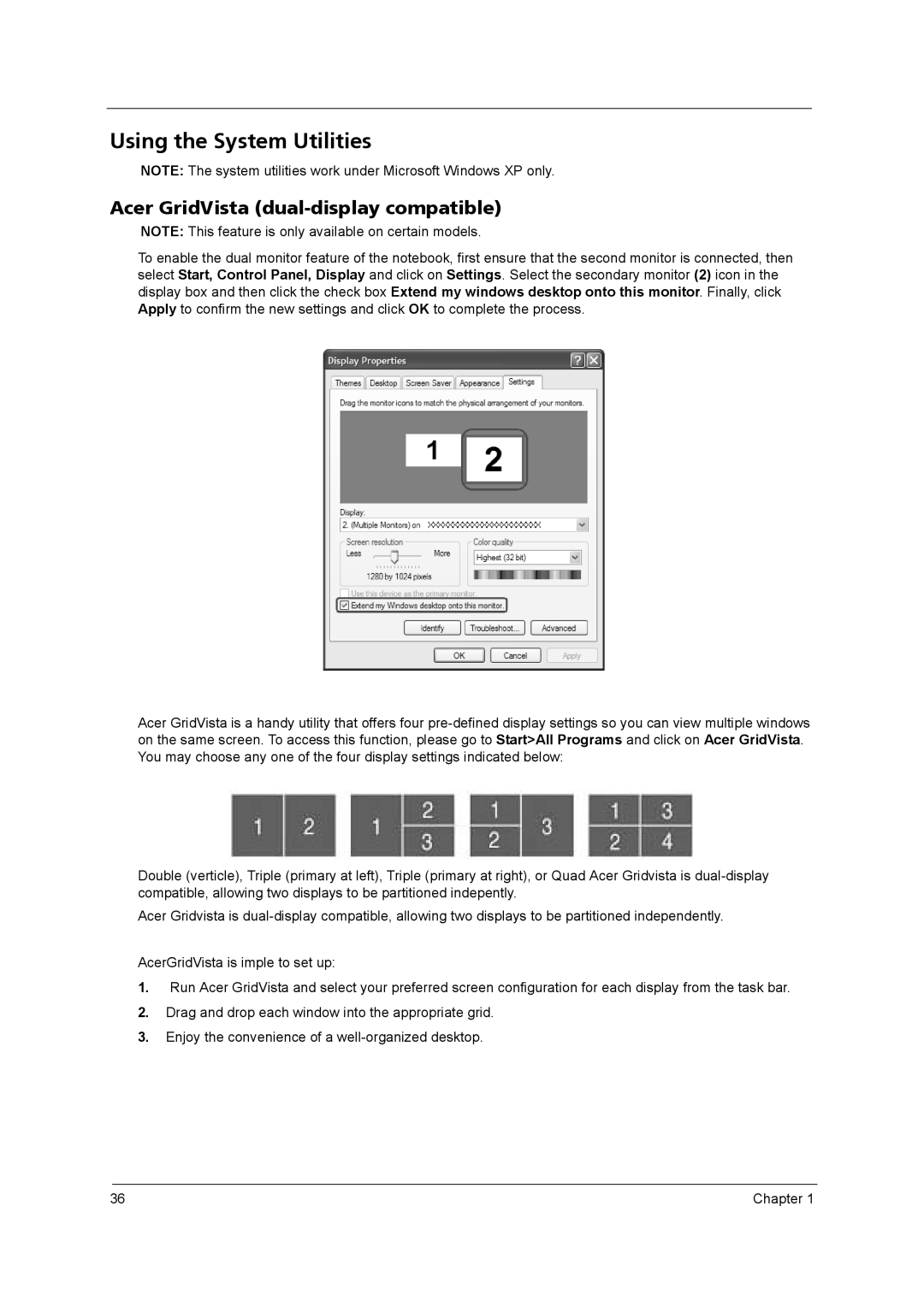 Acer 3250 manual Using the System Utilities, Acer GridVista dual-display compatible 