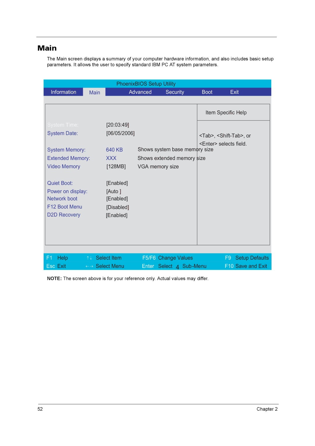 Acer 3250 manual Main, Advanced Security Boot Exit 