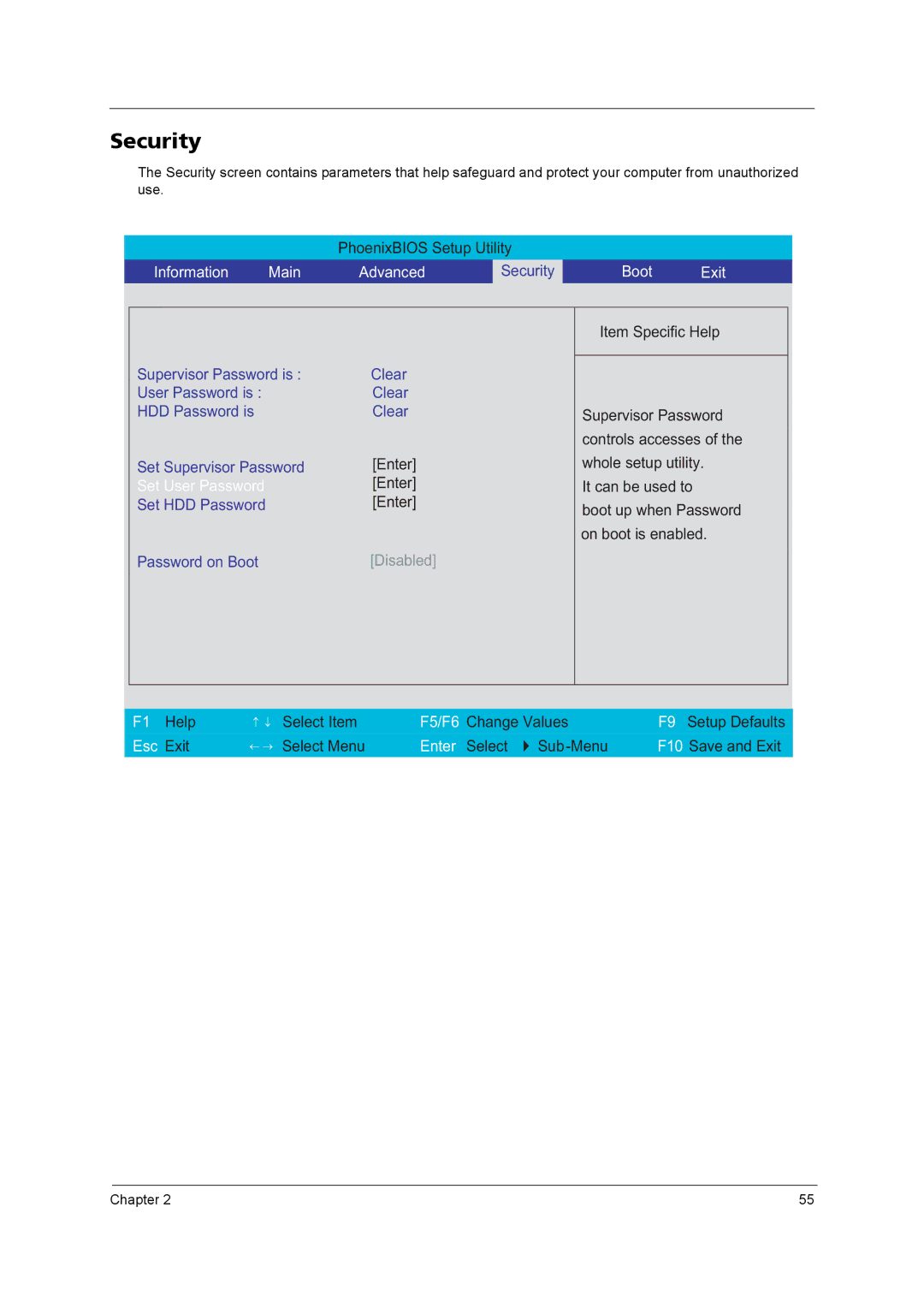 Acer 3250 manual Security, Boot Exit 