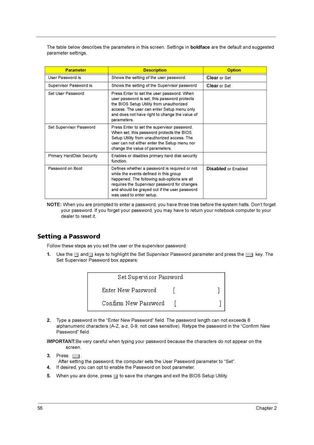 Acer 3250 manual Setting a Password, Clear or Set 