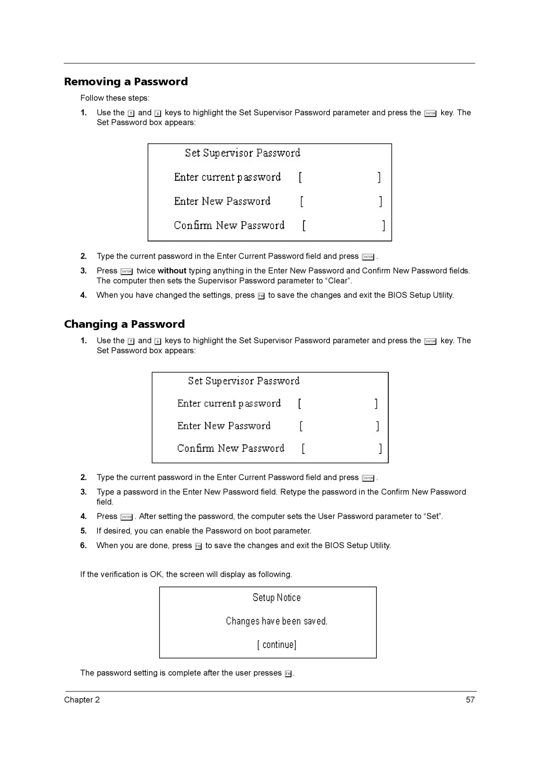 Acer 3250 manual Removing a Password, Changing a Password 