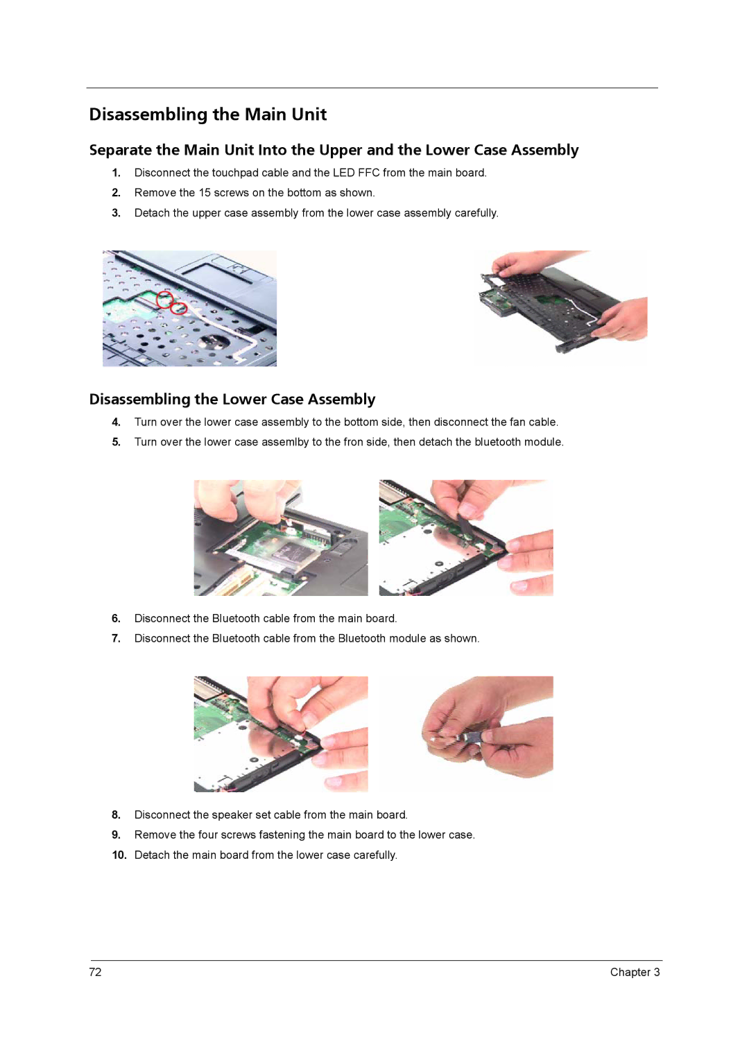 Acer 3250 manual Disassembling the Main Unit, Disassembling the Lower Case Assembly 