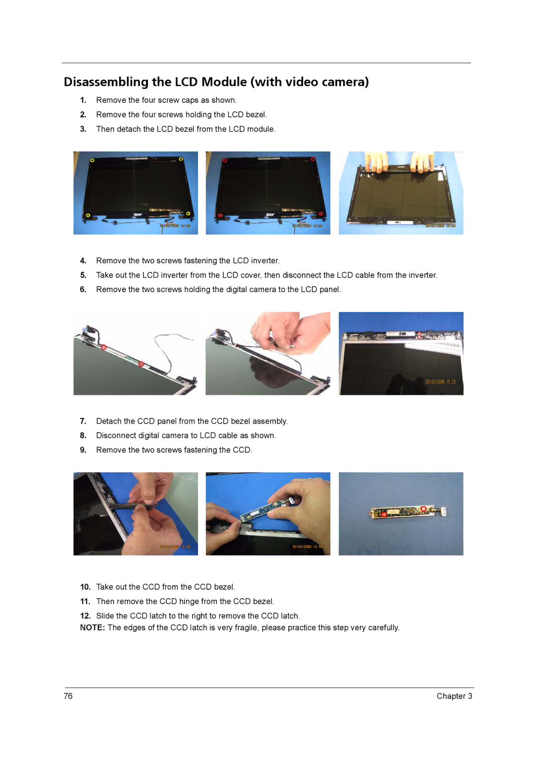 Acer 3250 manual Disassembling the LCD Module with video camera 