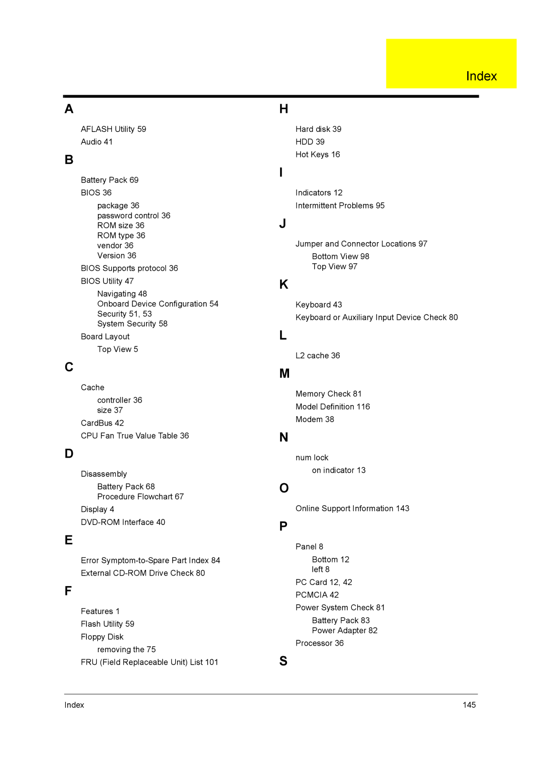 Acer 3270, 3260 manual Index 