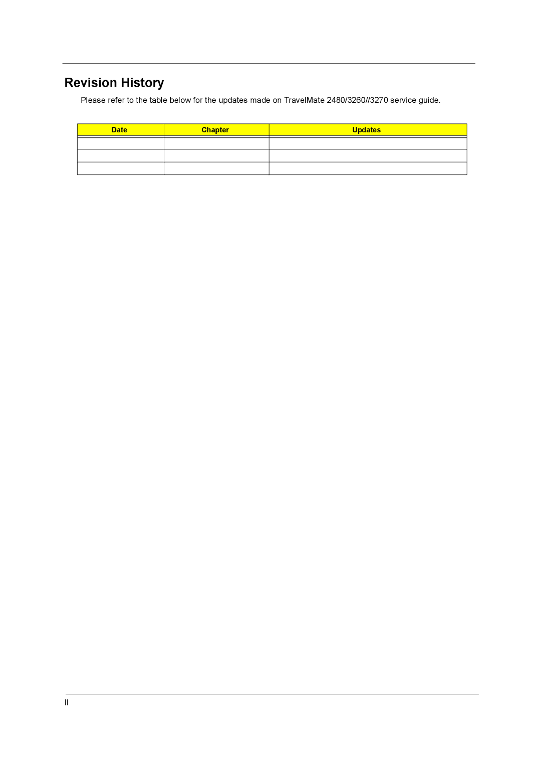 Acer 3260, 3270 manual Revision History, Date Chapter Updates 