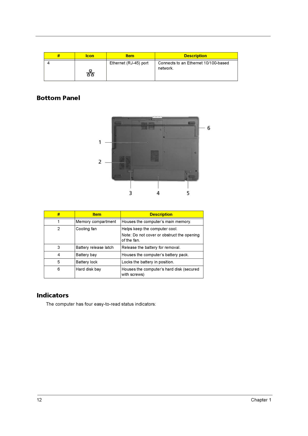 Acer 3260, 3270 manual Bottom Panel, Indicators, Computer has four easy-to-read status indicators 