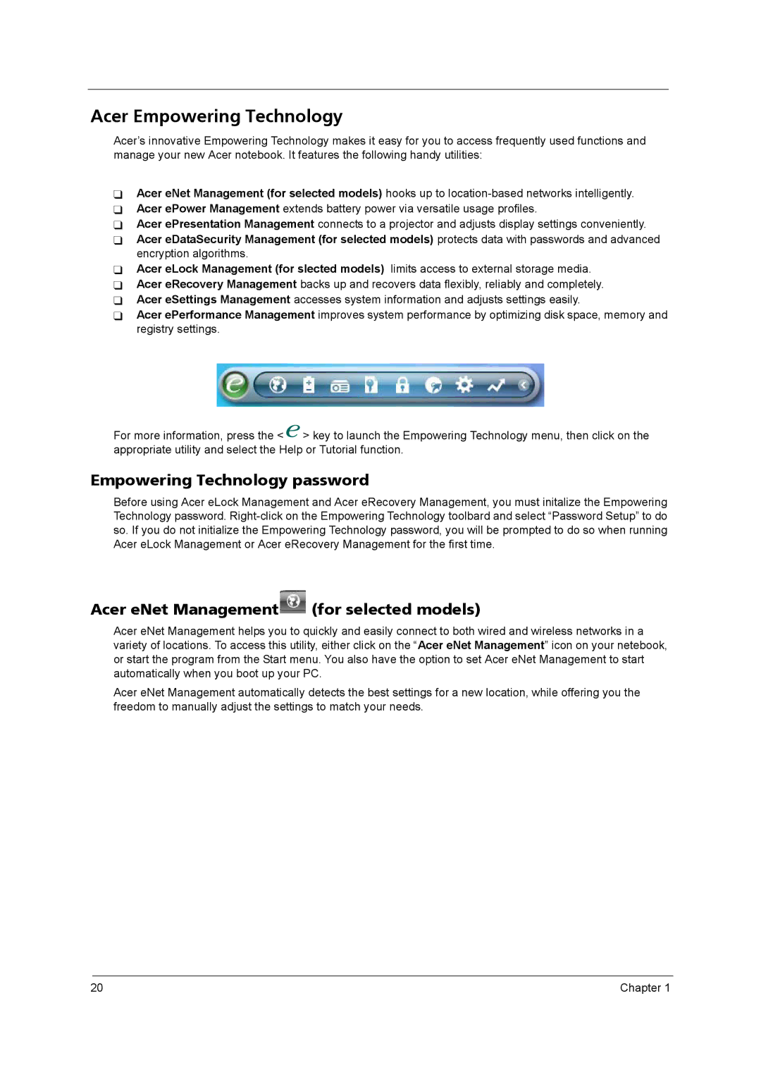 Acer 3260, 3270 manual Acer Empowering Technology, Empowering Technology password, Acer eNet Management for selected models 