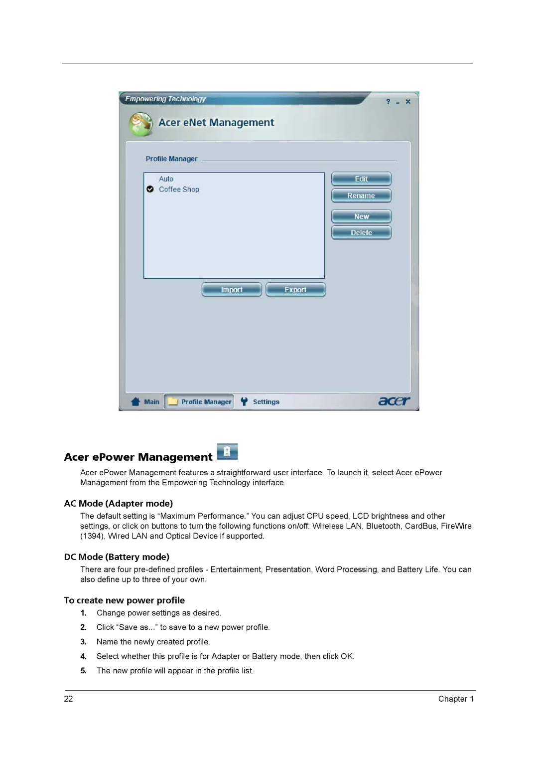 Acer 3260, 3270 manual Acer ePower Management, AC Mode Adapter mode 