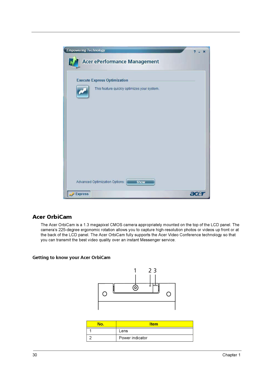 Acer 3260, 3270 manual Acer OrbiCam, Lens Power indicator 