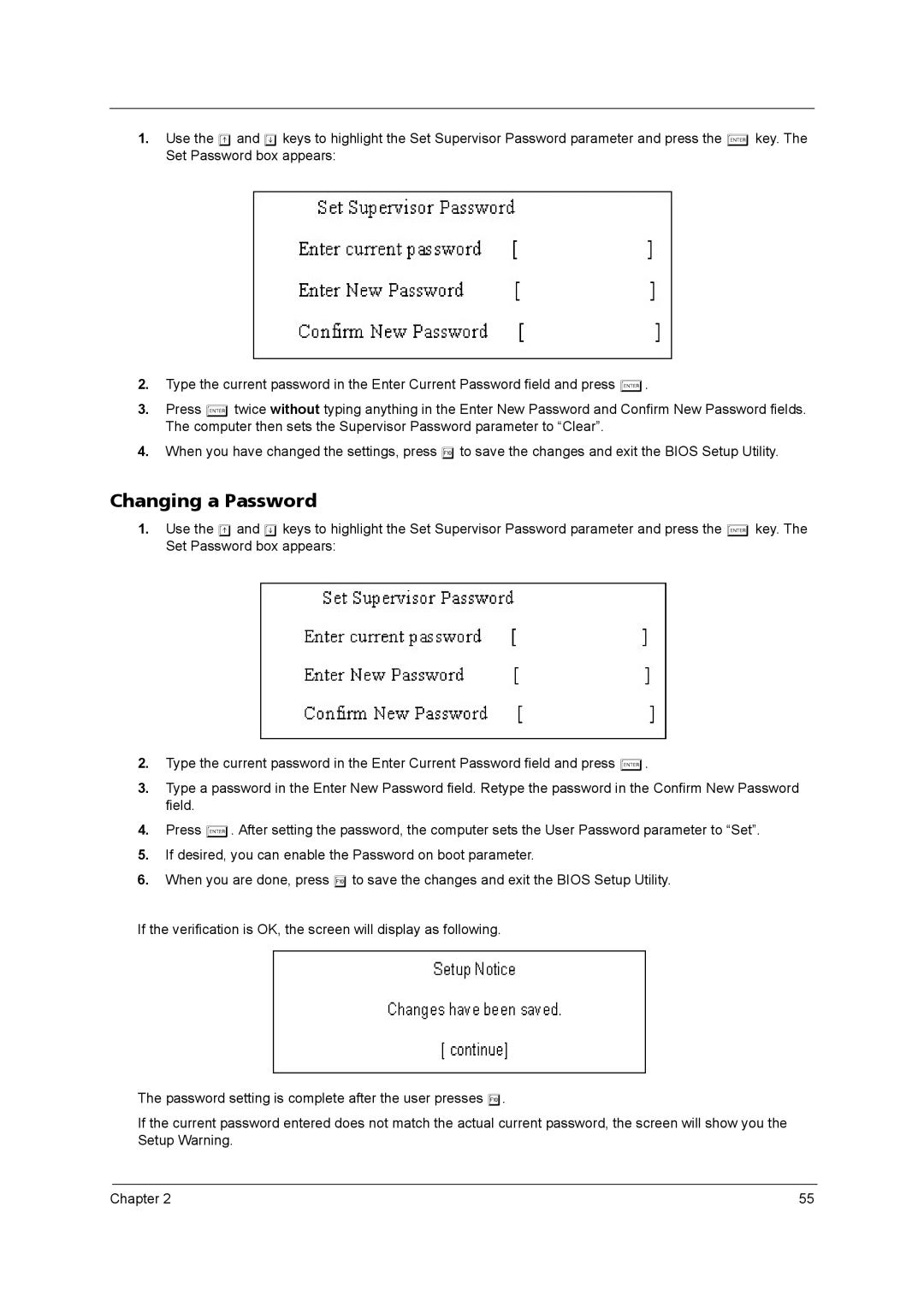 Acer 3270, 3260 manual Changing a Password 