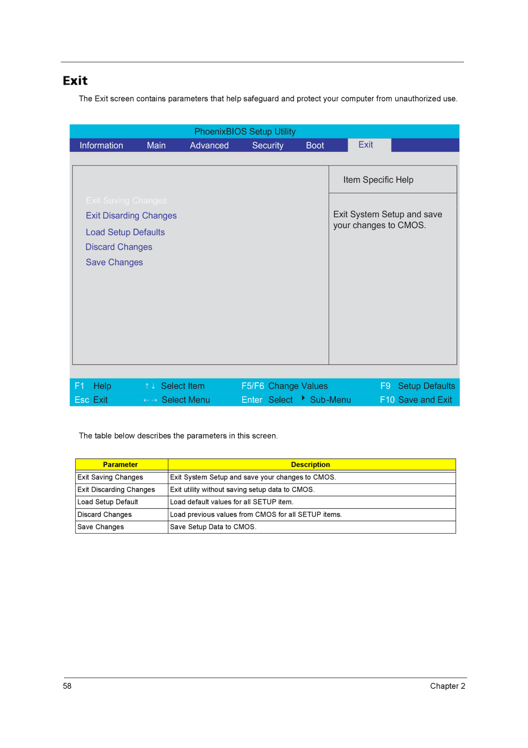 Acer 3260, 3270 manual Exit, Table below describes the parameters in this screen 