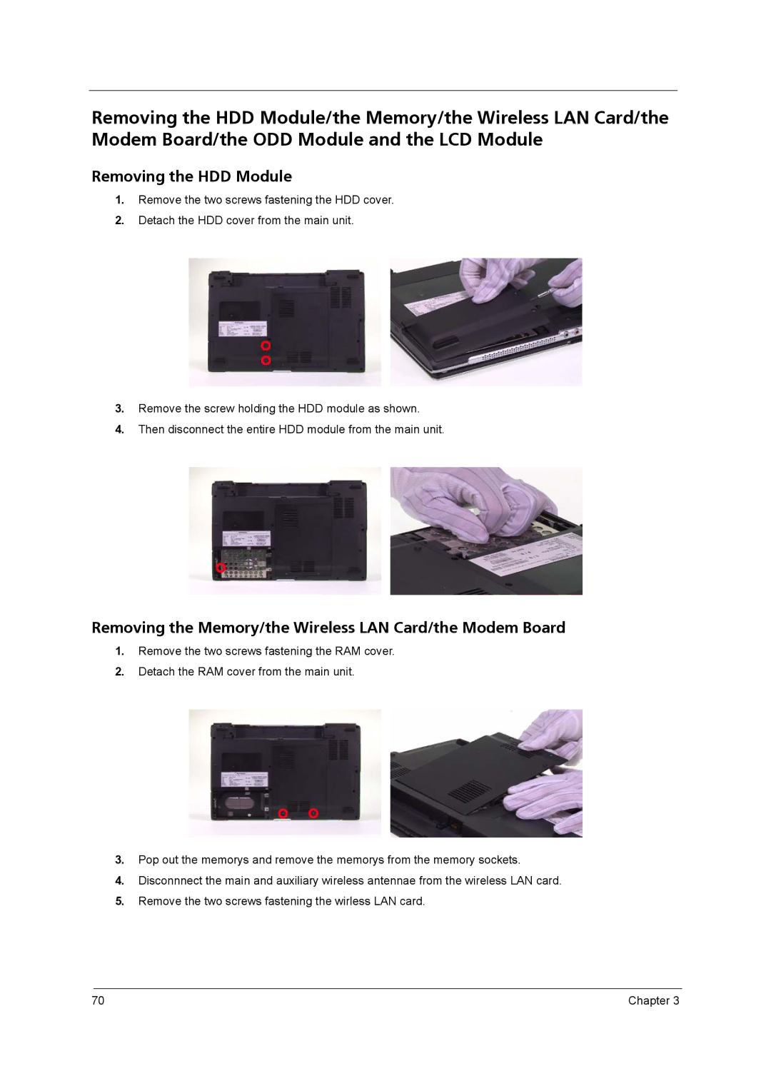 Acer 3260, 3270 manual Removing the HDD Module, Removing the Memory/the Wireless LAN Card/the Modem Board 