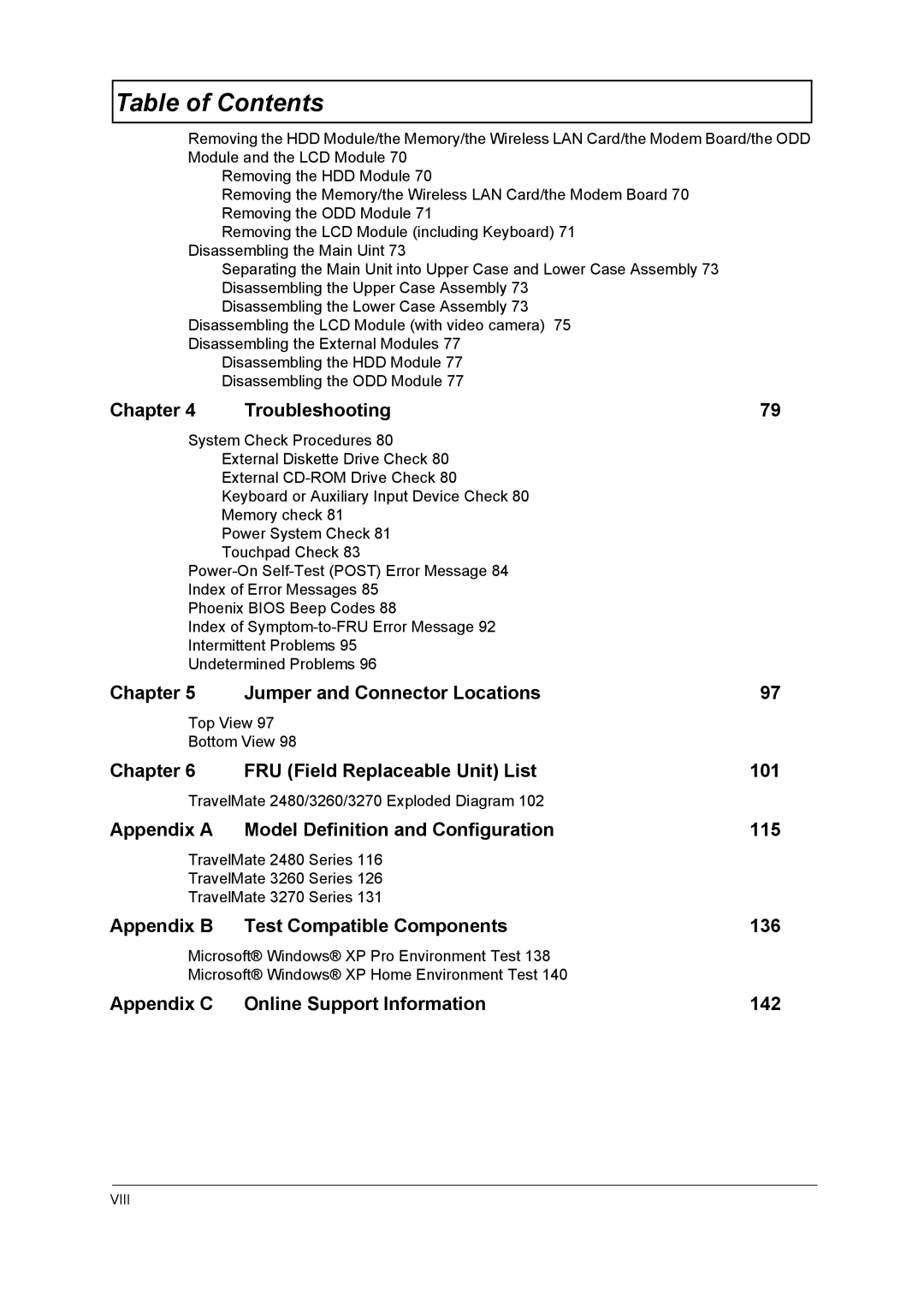 Acer 3260 Chapter Troubleshooting, Chapter Jumper and Connector Locations, Chapter FRU Field Replaceable Unit List 101 