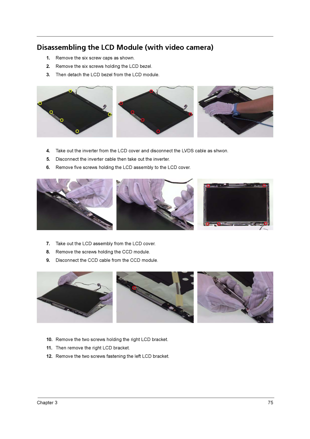 Acer 3270, 3260 manual Disassembling the LCD Module with video camera 