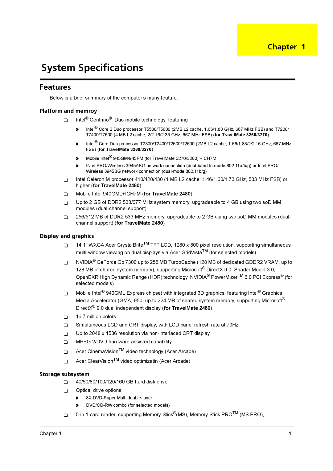 Acer 3270, 3260 manual System Specifications, Chapter, Features, Below is a brief summary of the computer’s many feature 