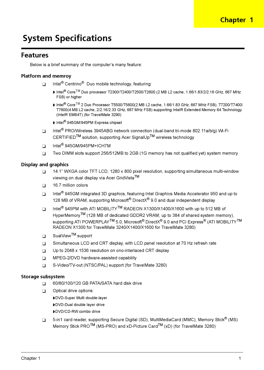 Acer 3290, 3280 manual System Specifications, Chapter, Features 