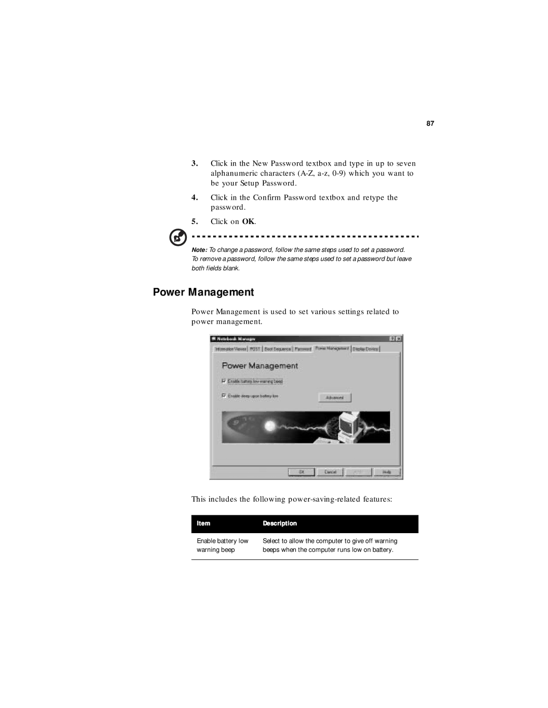 Acer 330 Series manual Power Management, Description 