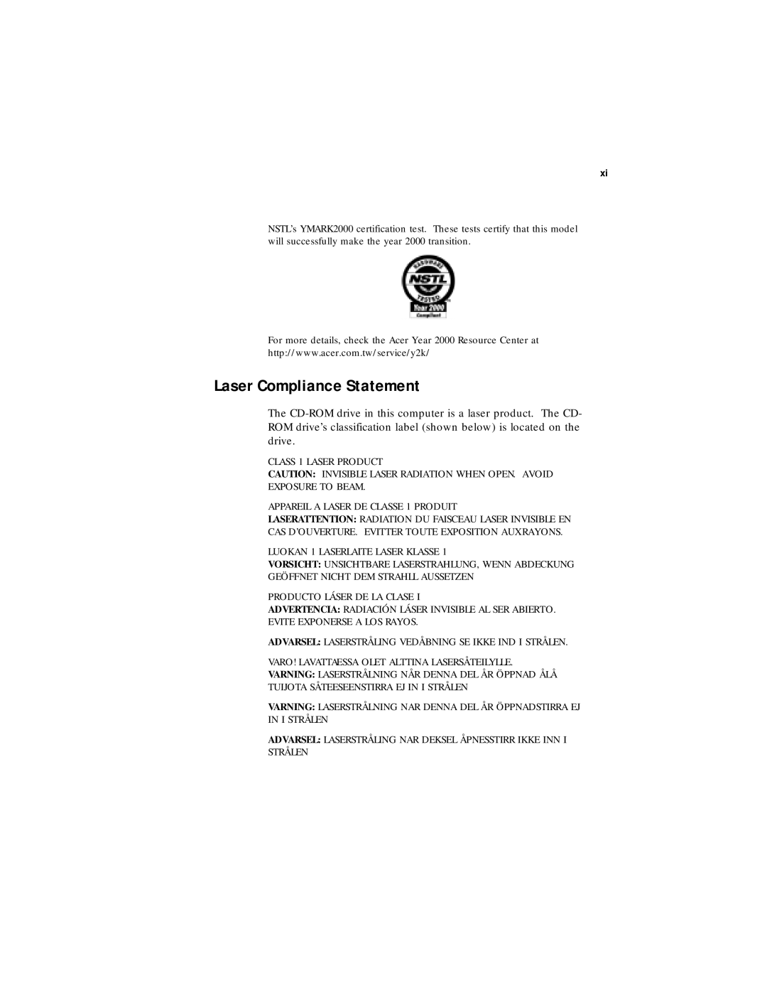 Acer 330 Series manual Laser Compliance Statement 