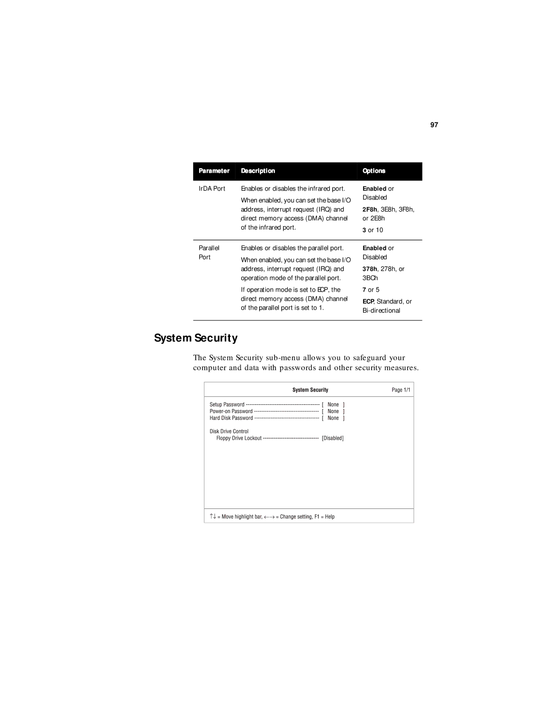 Acer 330 Series manual System Security, Parameter Description 