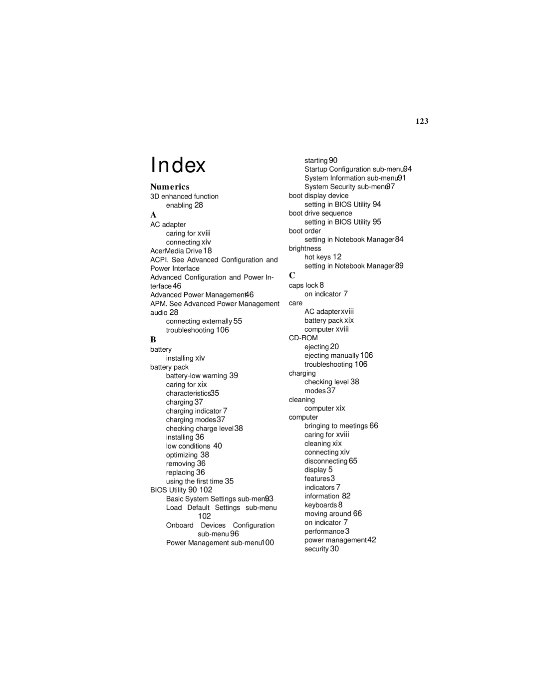 Acer 330 Series manual Index, 123 