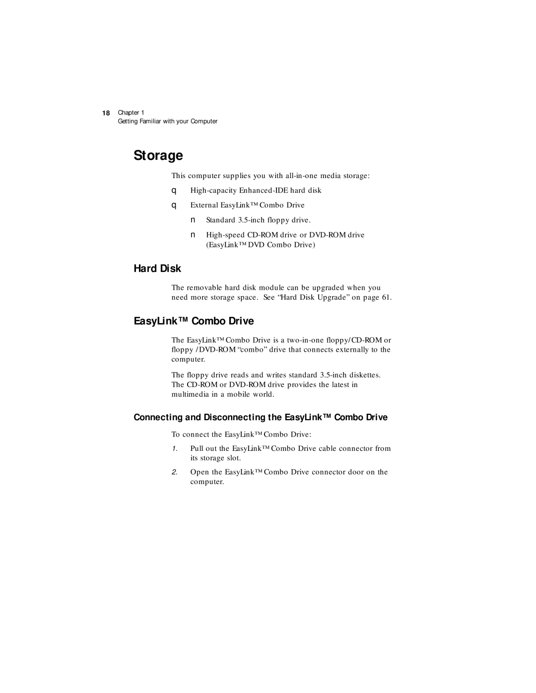 Acer 330 Series manual Storage, Hard Disk, Connecting and Disconnecting the EasyLink Combo Drive 