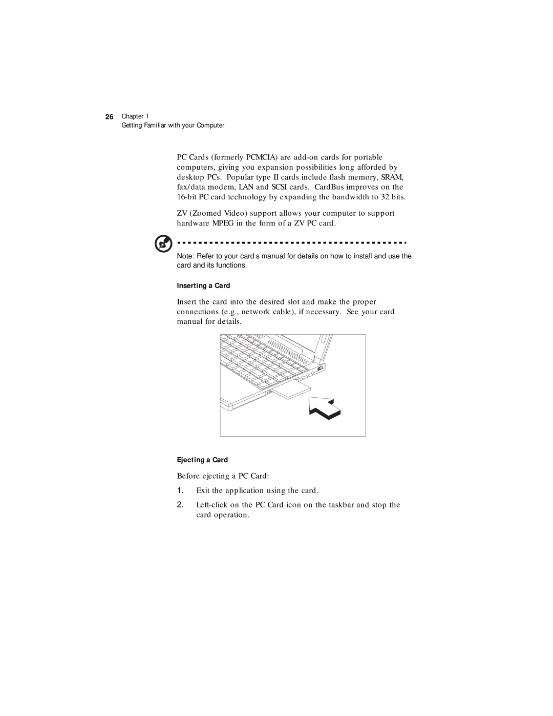 Acer 330 Series manual Inserting a Card, Ejecting a Card 