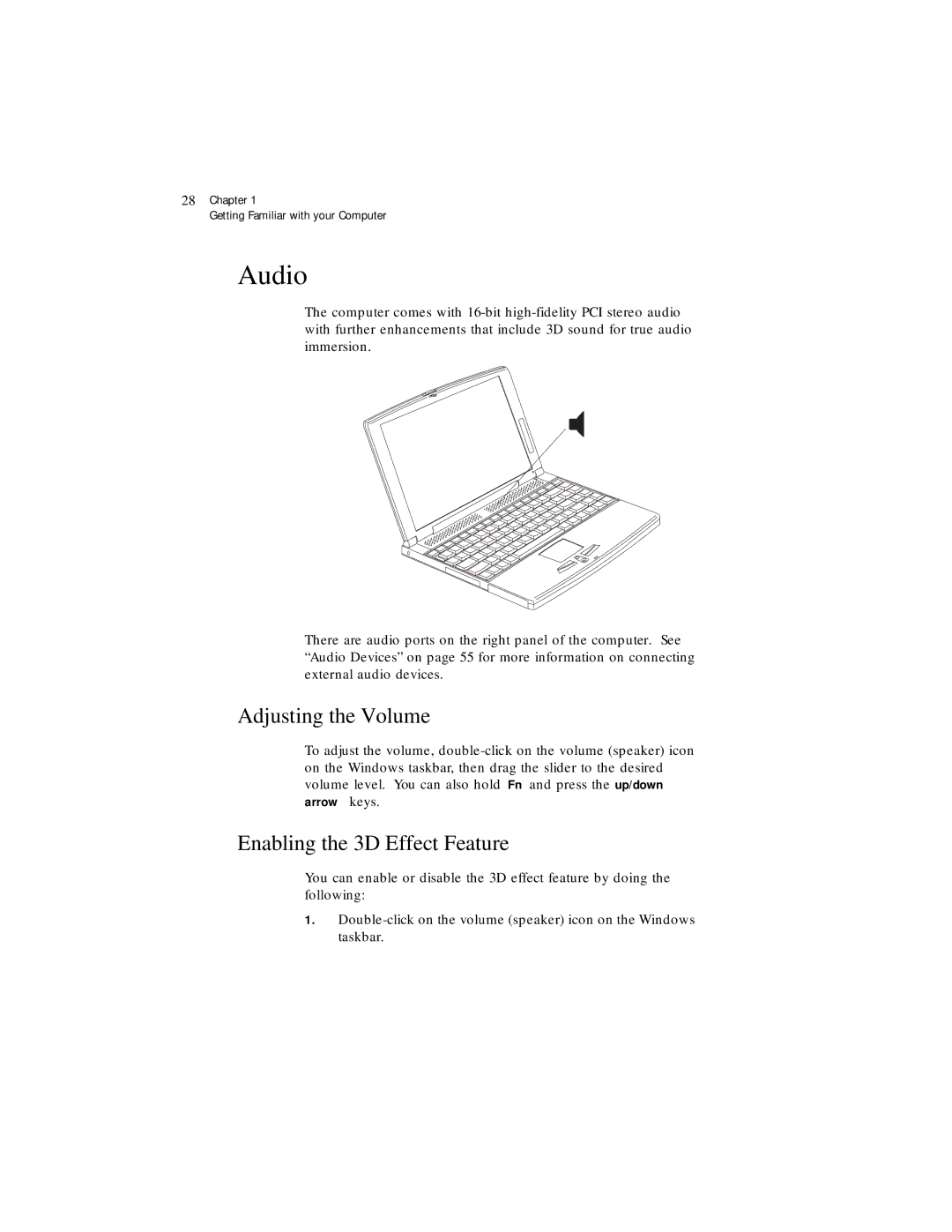 Acer 330 Series manual Audio, Adjusting the Volume, Enabling the 3D Effect Feature 