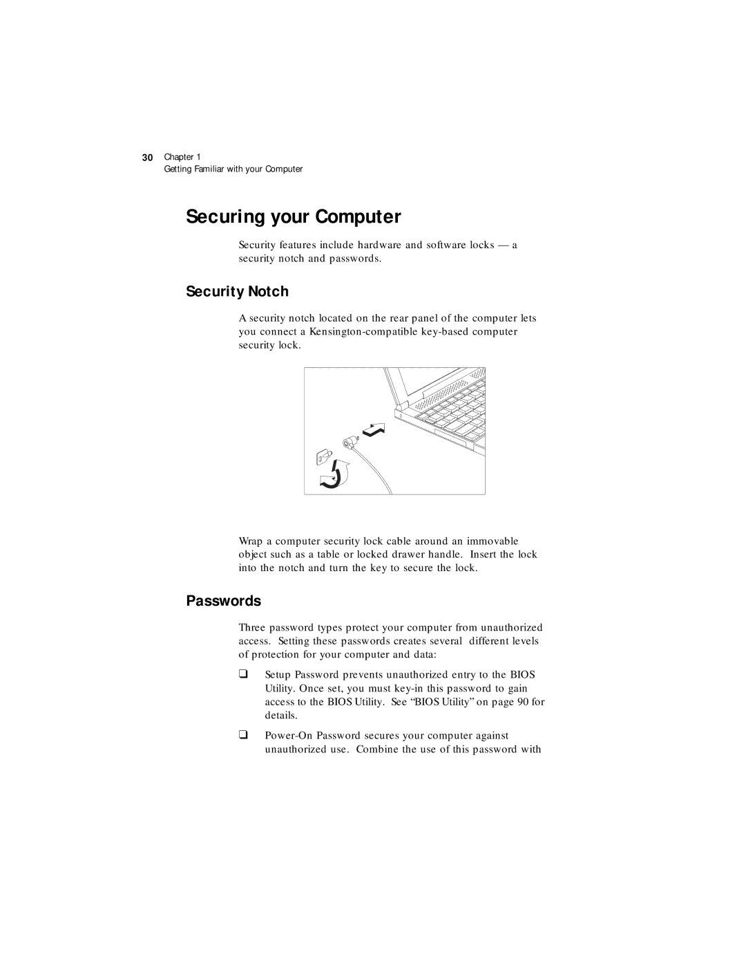 Acer 330 Series manual Securing your Computer, Security Notch, Passwords 