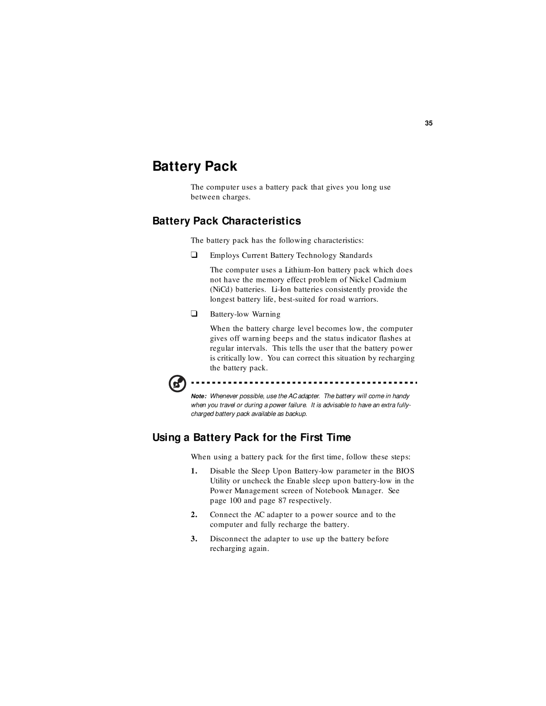 Acer 330 Series manual Battery Pack Characteristics, Using a Battery Pack for the First Time 