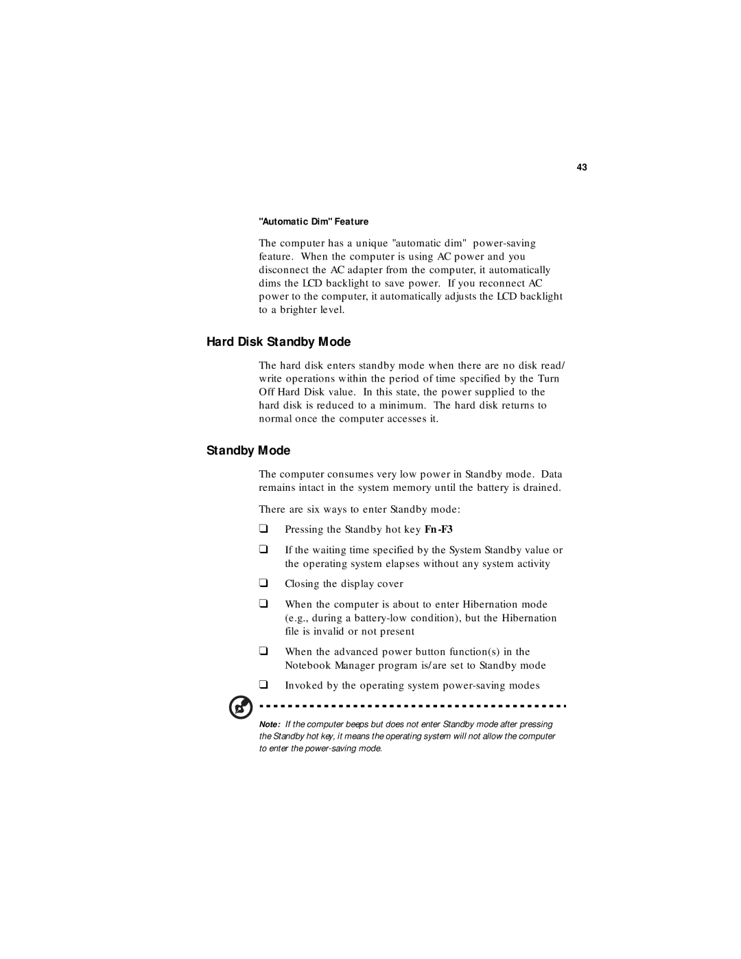 Acer 330 Series manual Hard Disk Standby Mode, Automatic Dim Feature 