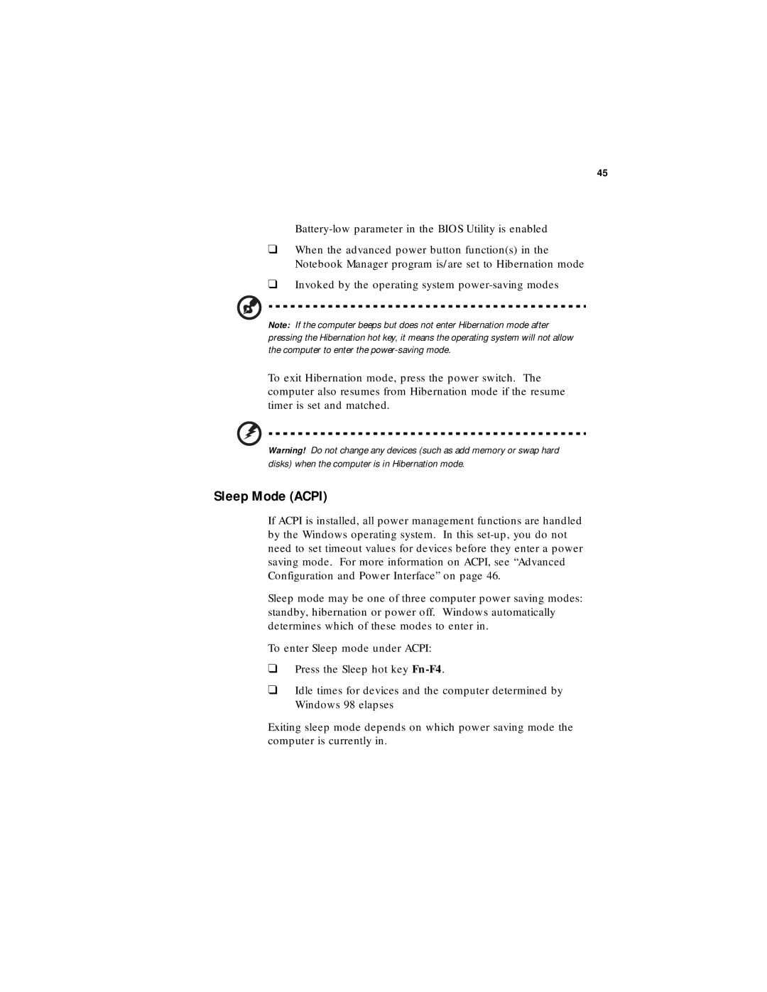 Acer 330 Series manual Sleep Mode Acpi 