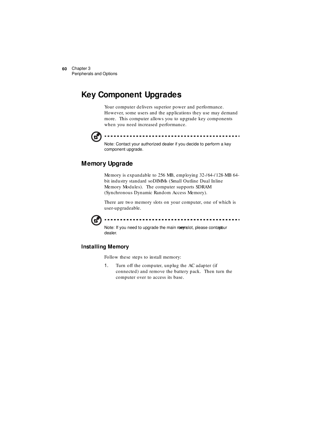 Acer 330 Series manual Key Component Upgrades, Memory Upgrade, Installing Memory 