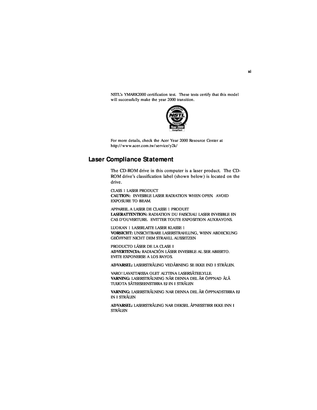 Acer 330 Series manual Laser Compliance Statement 