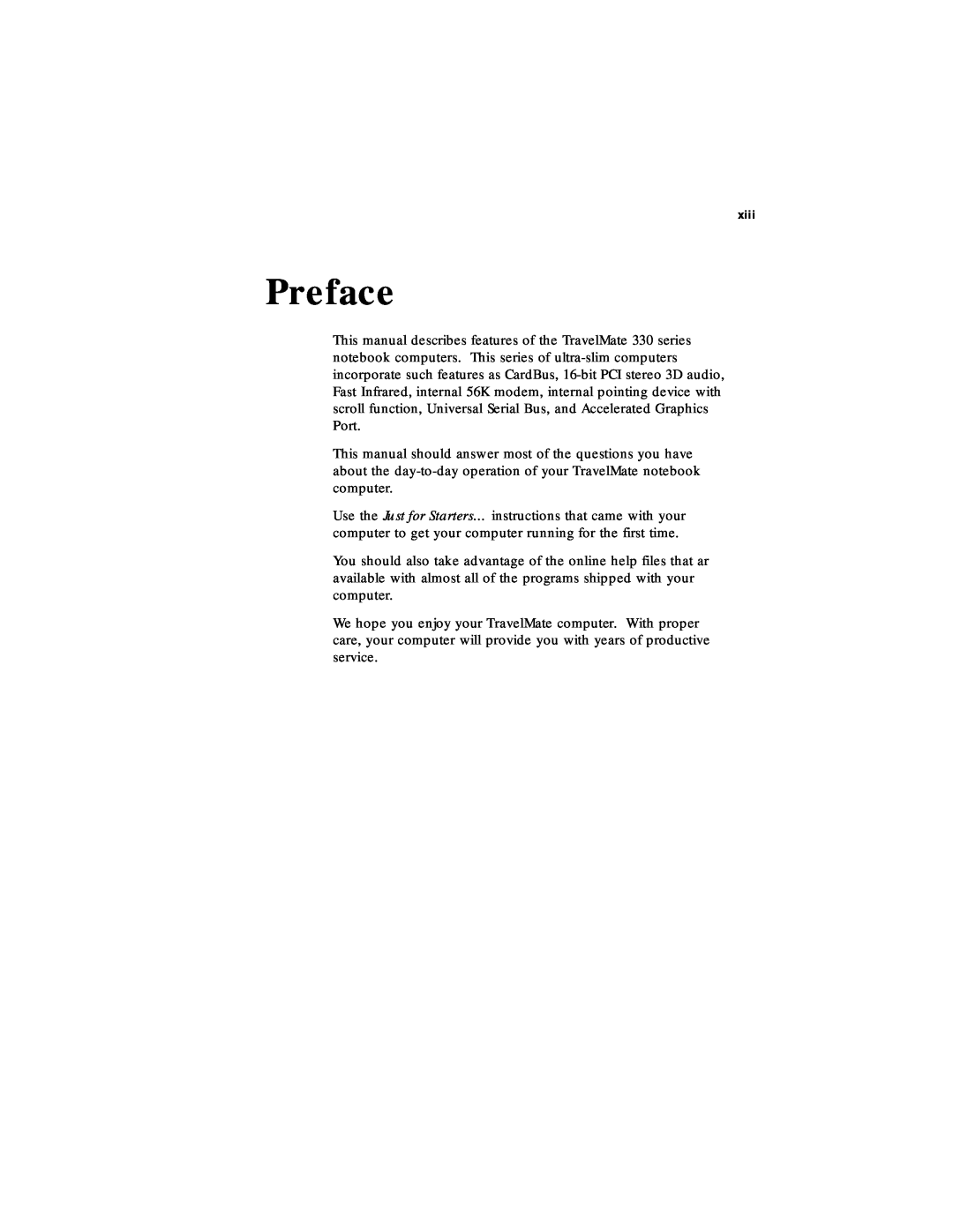 Acer 330 Series manual Preface, xiii 