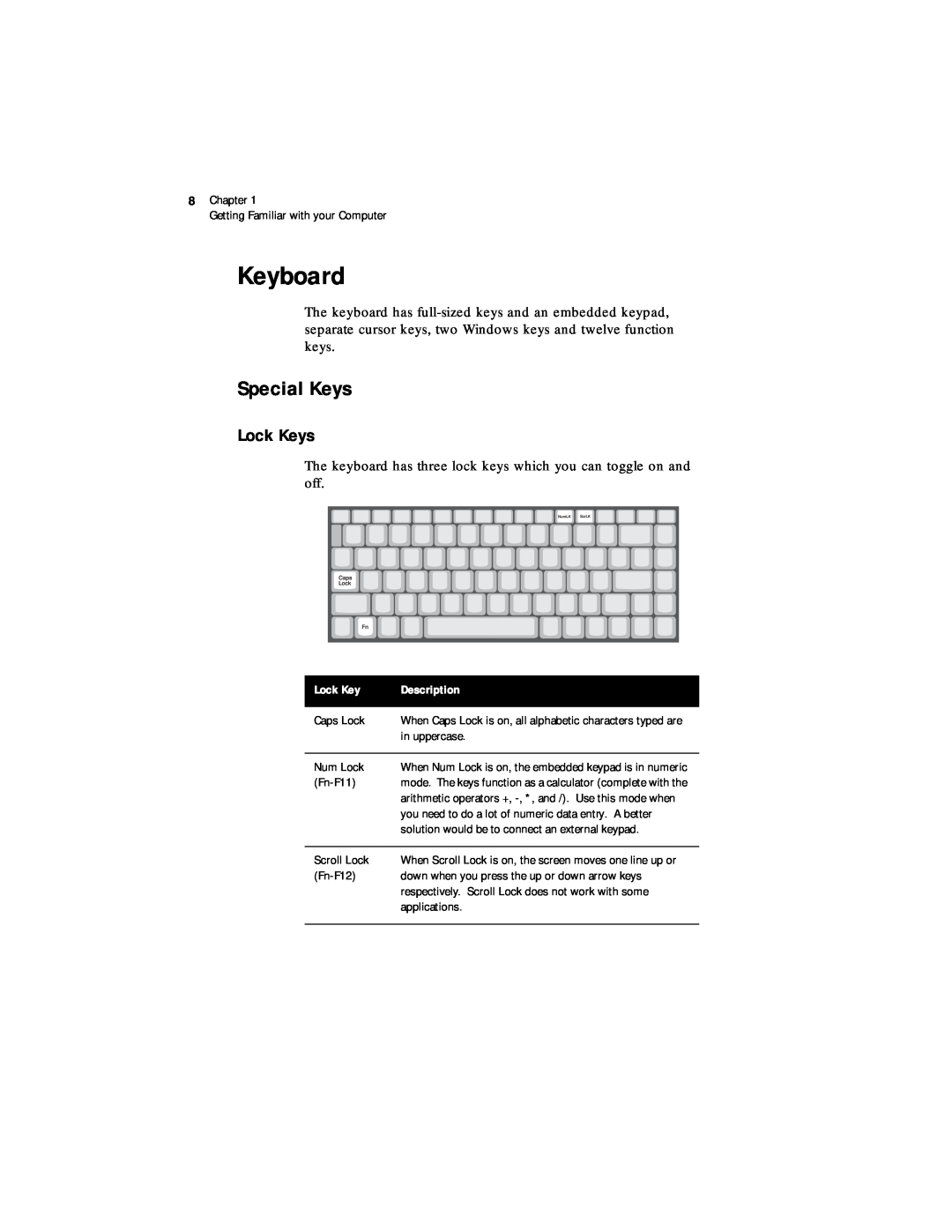 Acer 330 Series manual Keyboard, Special Keys, Lock Keys, Description 