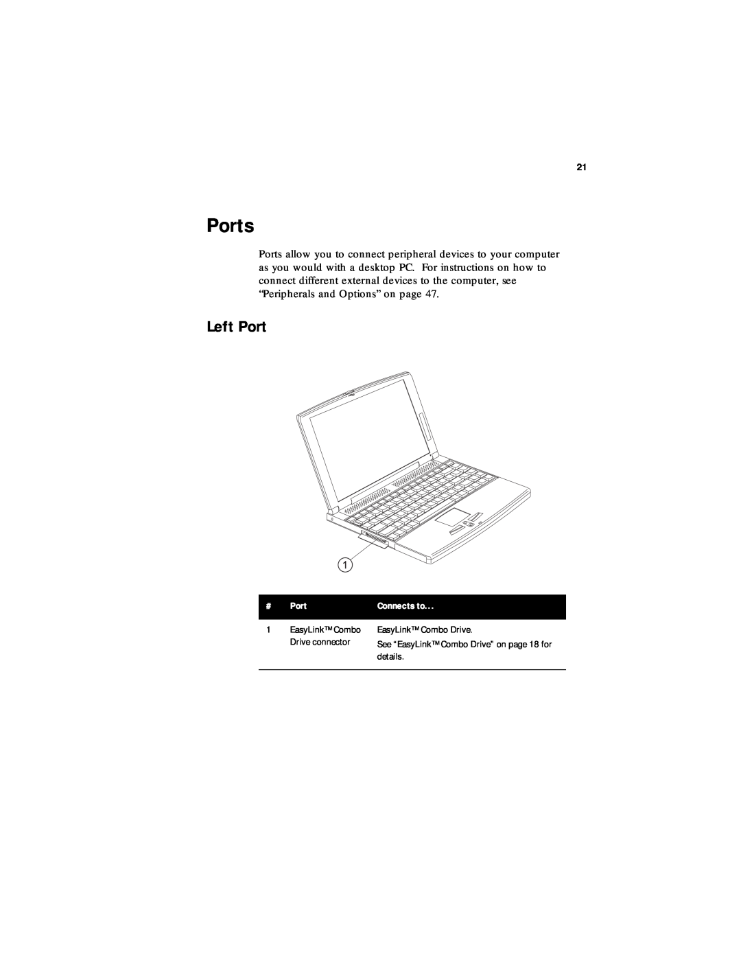 Acer 330 Series manual Ports, Left Port, Connects to, See “EasyLink Combo Drive” on page 18 for 