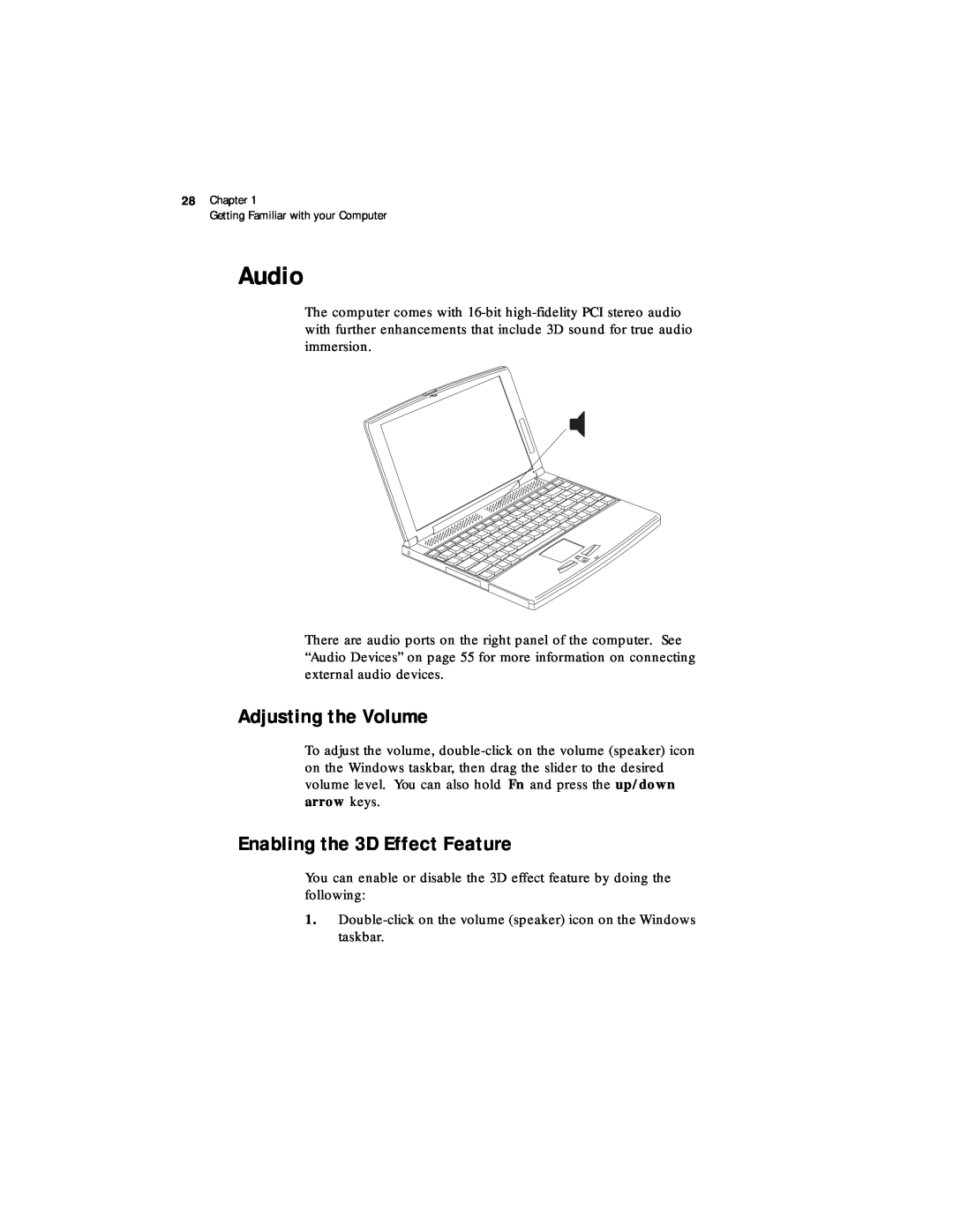 Acer 330 Series manual Audio, Adjusting the Volume, Enabling the 3D Effect Feature 
