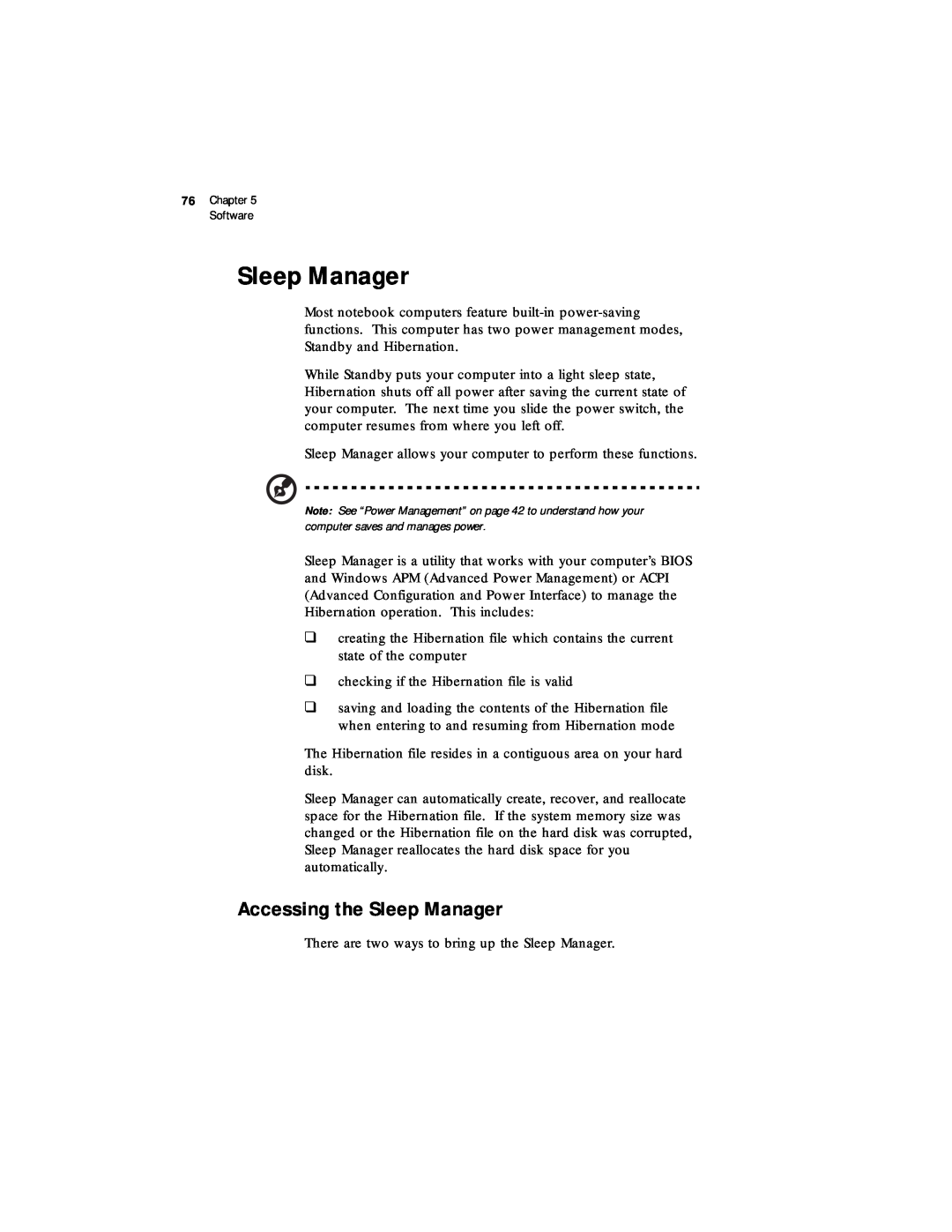 Acer 330 Series manual Accessing the Sleep Manager 
