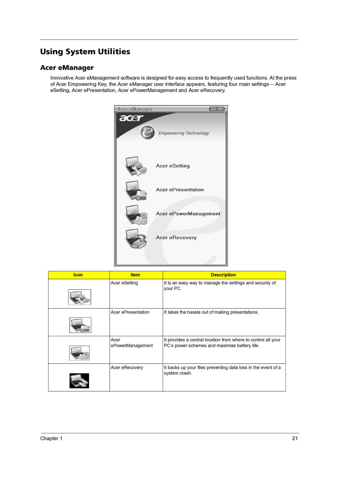 Acer 3300 manual Using System Utilities, Acer eManager 