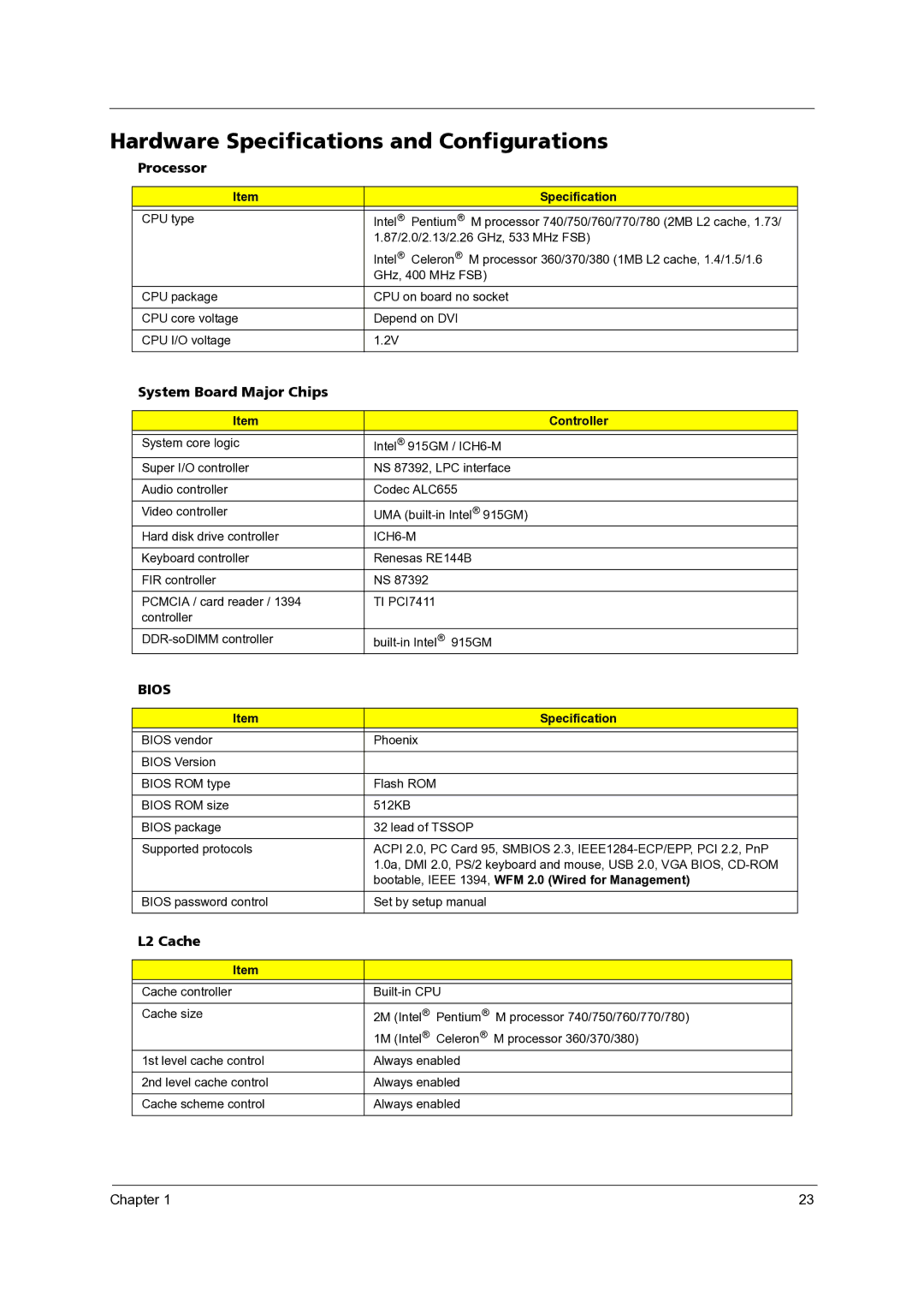 Acer 3300 manual Hardware Specifications and Configurations, Processor, System Board Major Chips, L2 Cache 