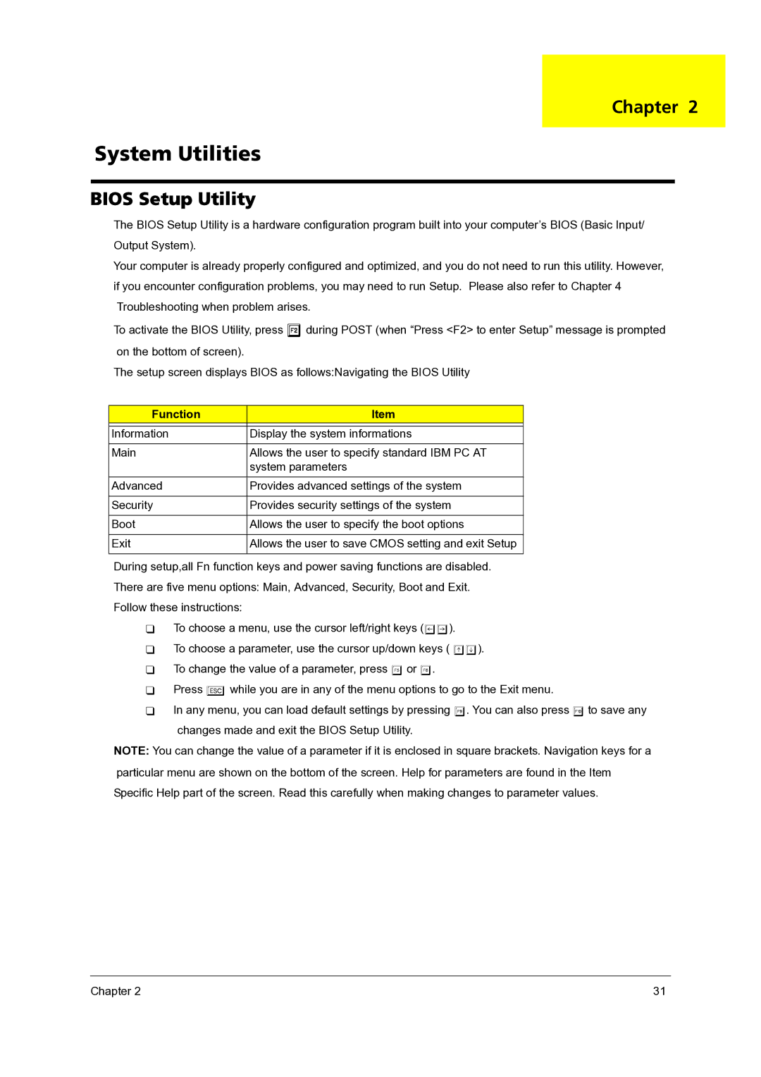 Acer 3300 manual Bios Setup Utility, Function 