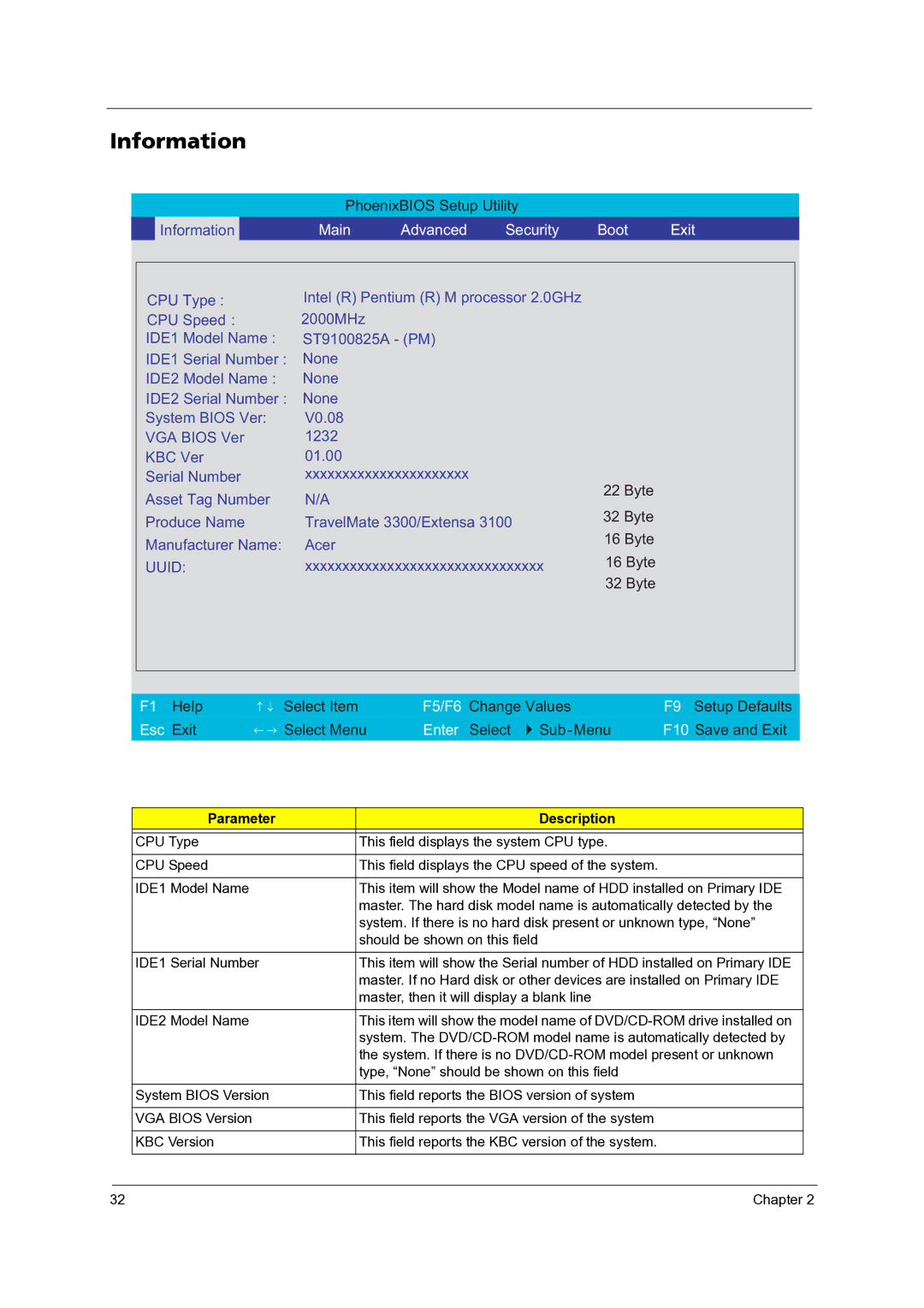 Acer 3300 manual Information, Main Advanced Security Boot Exit 