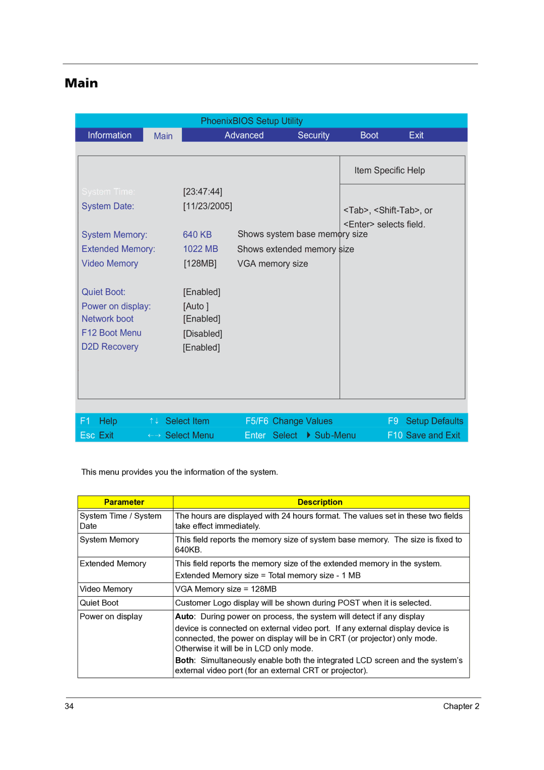 Acer 3300 manual Main, Advanced Security Boot Exit 