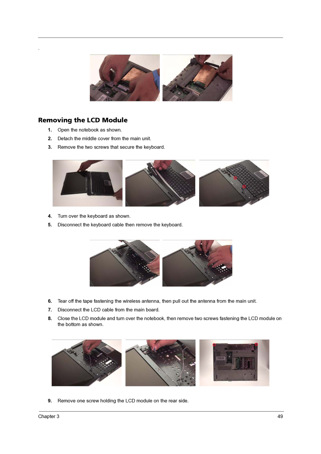 Acer 3300 manual Removing the LCD Module 